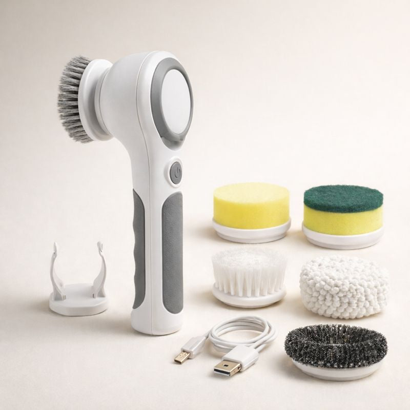 5-in-1 Electric Spin Scrubber with 5 Replaceable Heads - Ultimate Handheld Kitchen Cleaning Brush